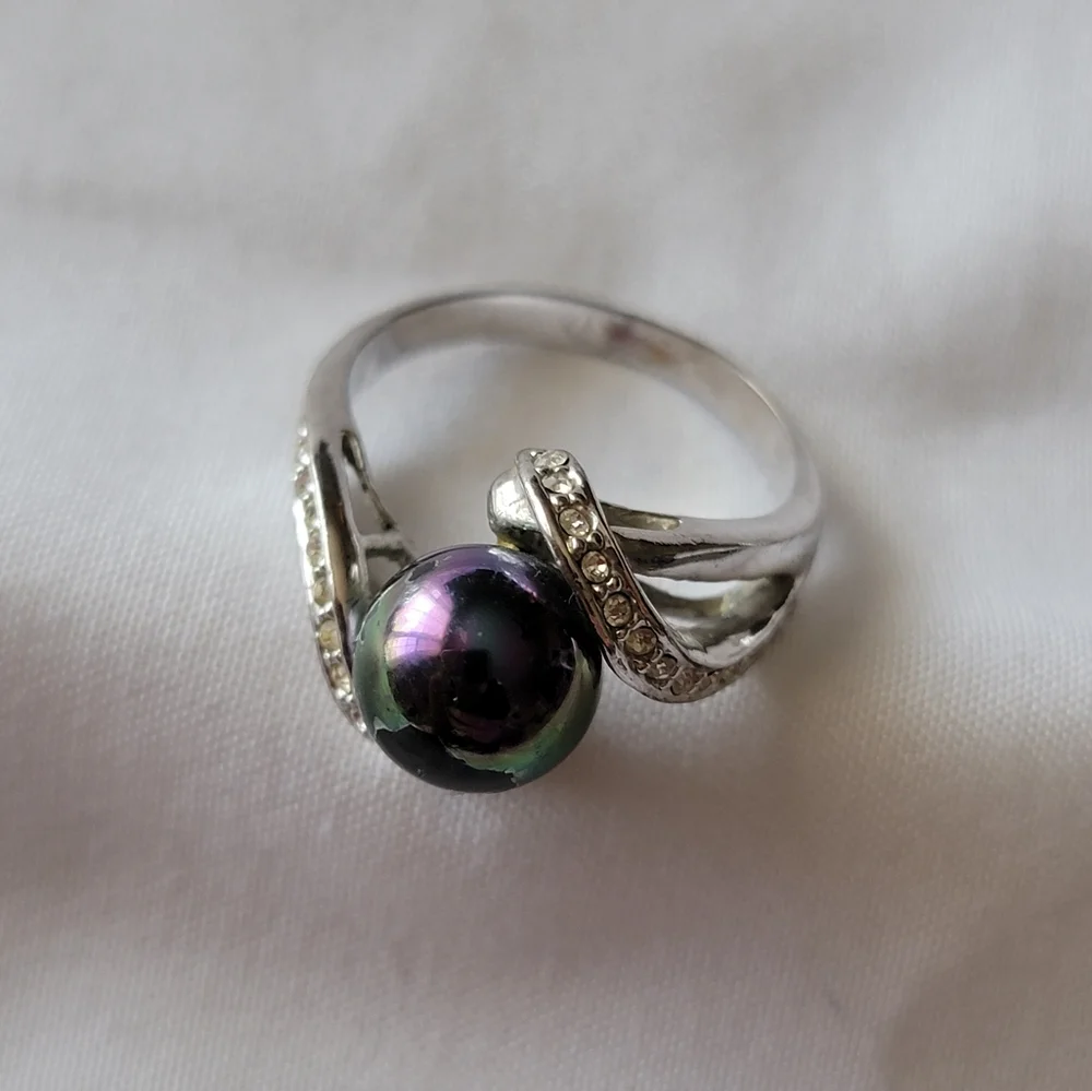 Faux Black Pearl Ring Silver Tone